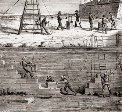 Workers in diving suits working on underwater constructions in the 19th century, from Les Merveilles de la Science, published c.1870 by French School